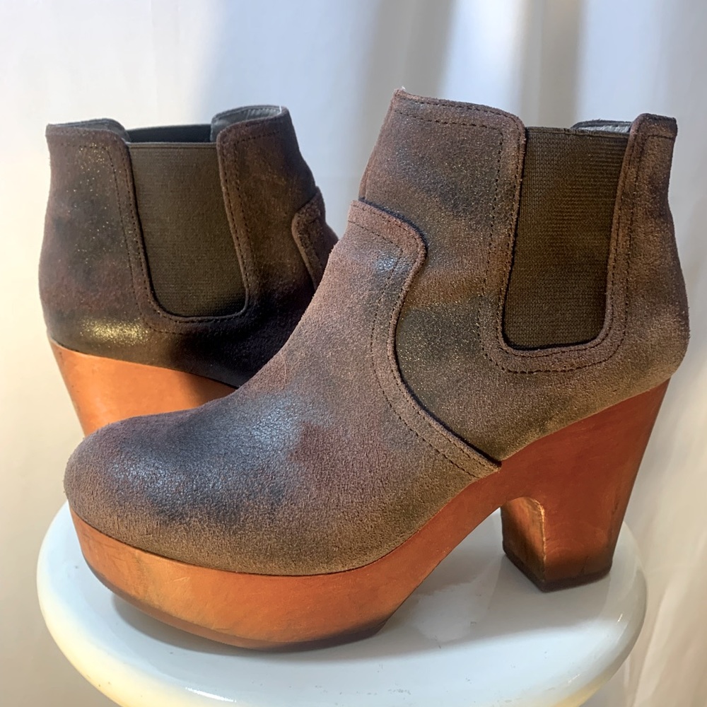 Anthropologie brand suede booties with solid wood platform. Retro vibes